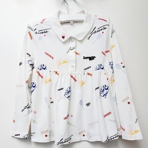 LACOSTE Girl's White Print Flounced Cotton Pique Polo Shirt Top Size 8